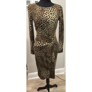 Vintage Y2K Cache Leopard Print Dress Bodycon Twist Waist Ruched Slimming Small